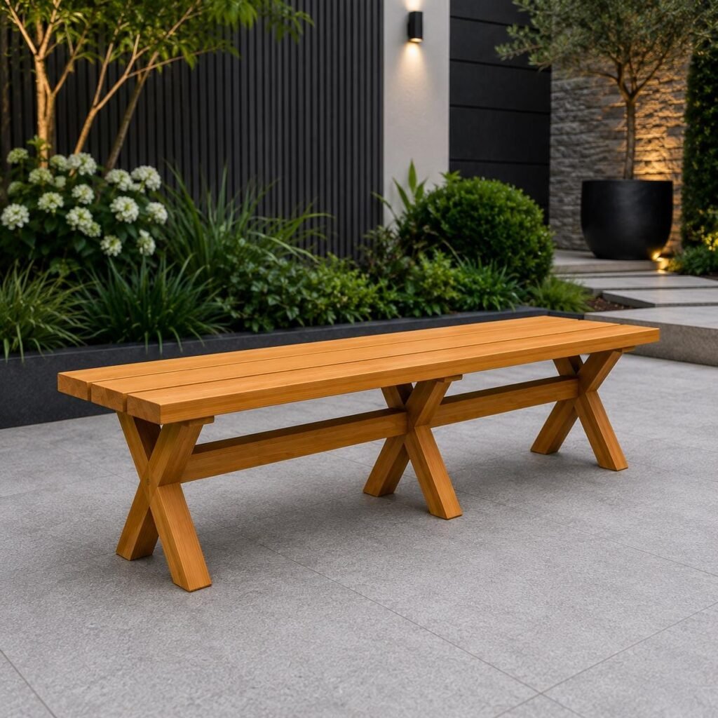 Modern farmhouse X-leg outdoor garden bench plan