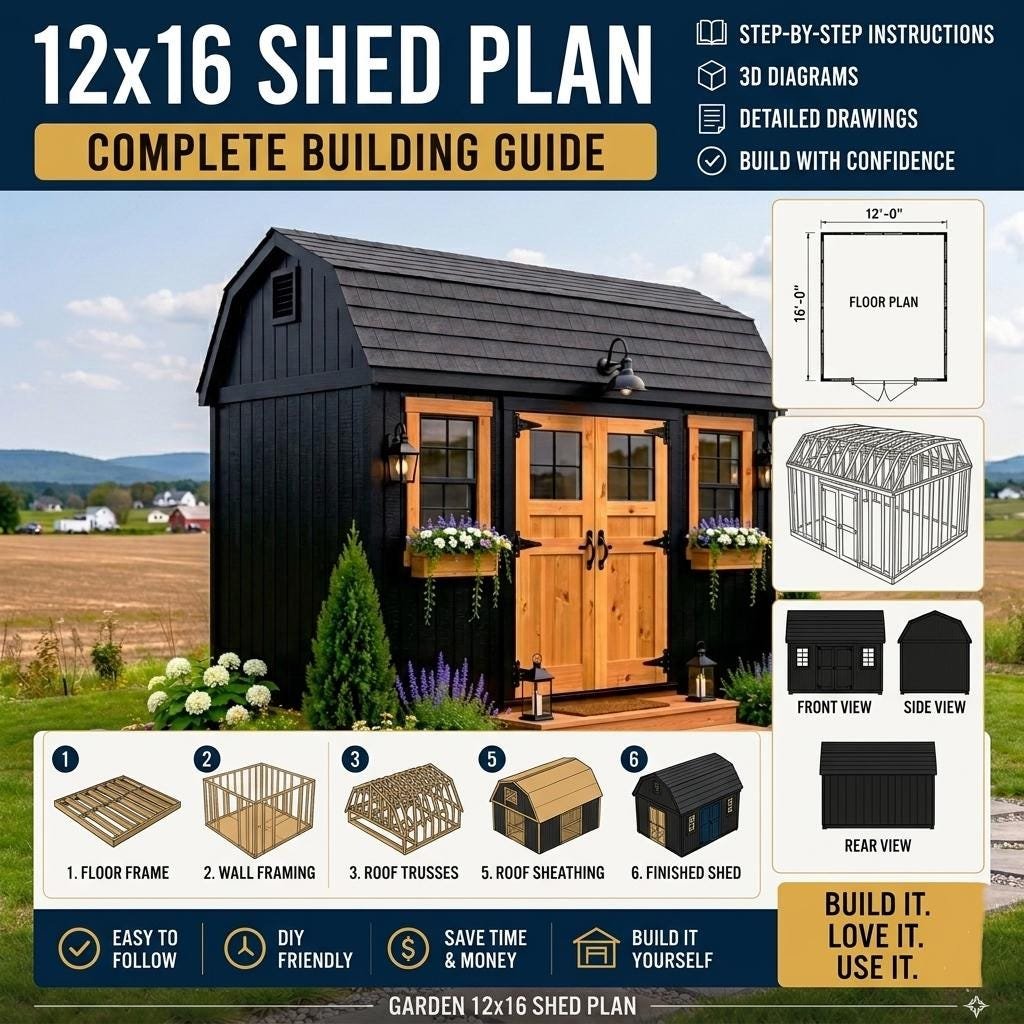 16×12 Garden Shed Plans PDF | Modern Backyard Studio | DIY Storage Shed Blueprint | Instant Download | Outdoor Office Cabin Plan