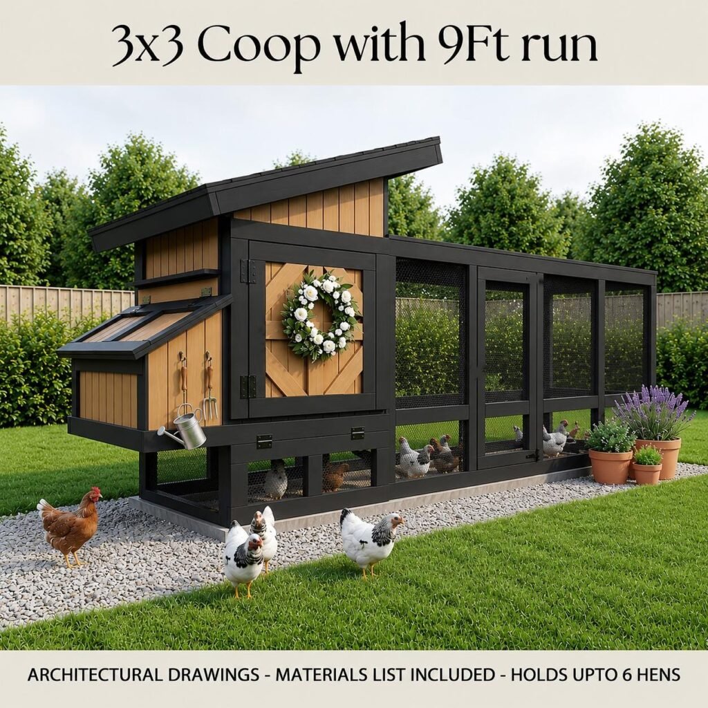 Walk In Chicken Coop Plans 12×3, Barn Style Coop with Run, DIY Backyard Chicken House Plans PDF, Woodworking Blueprint Digital