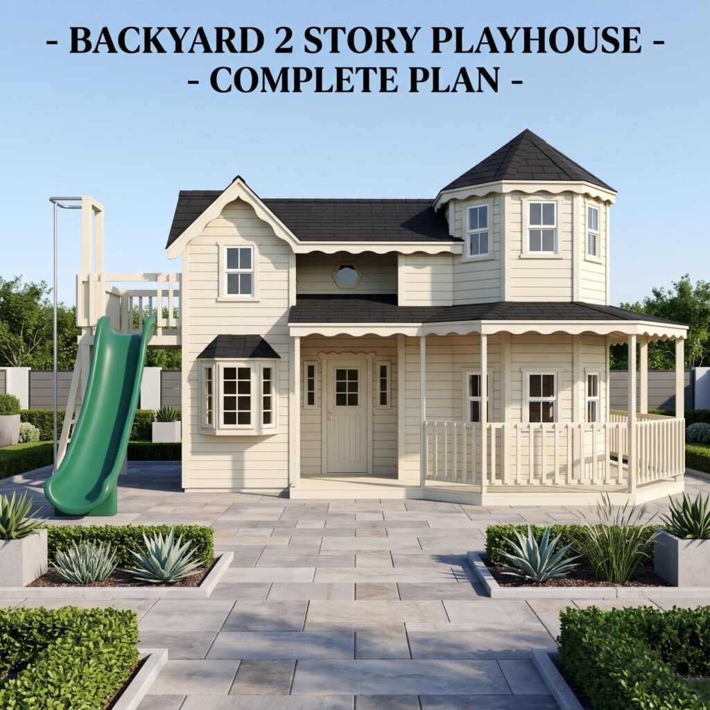 Playhouse with Porch & Slide Plan | DIY Backyard Outdoor Playset Plan PDF | Wooden Kids Play House Blueprint | Instant Download