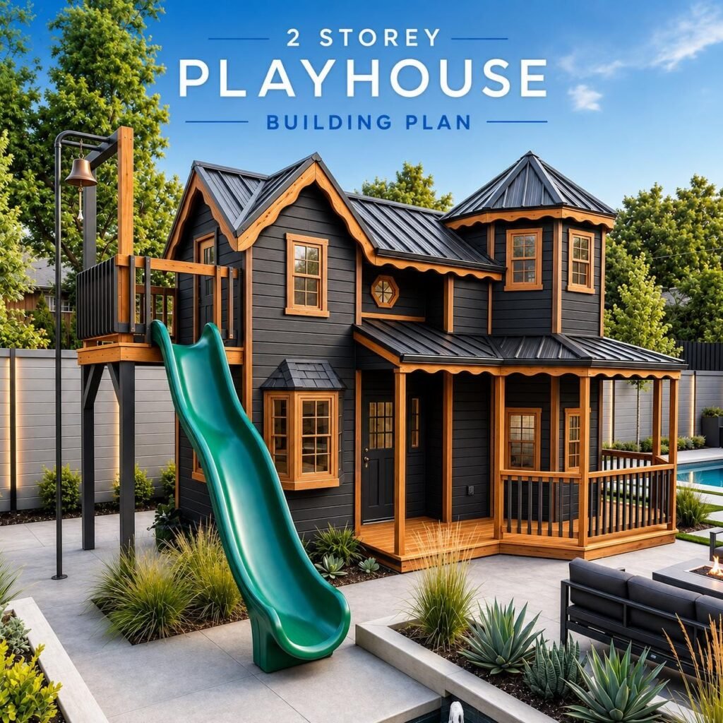 2 Story Cozy Playhouse with porch Plans, Kids Clubhouse with Swing, Backyard Fort Building Guide (PDF Download)