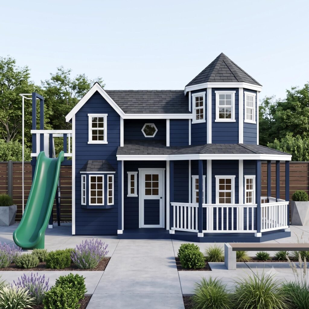 Two-story playhouse plan with porch and slide
