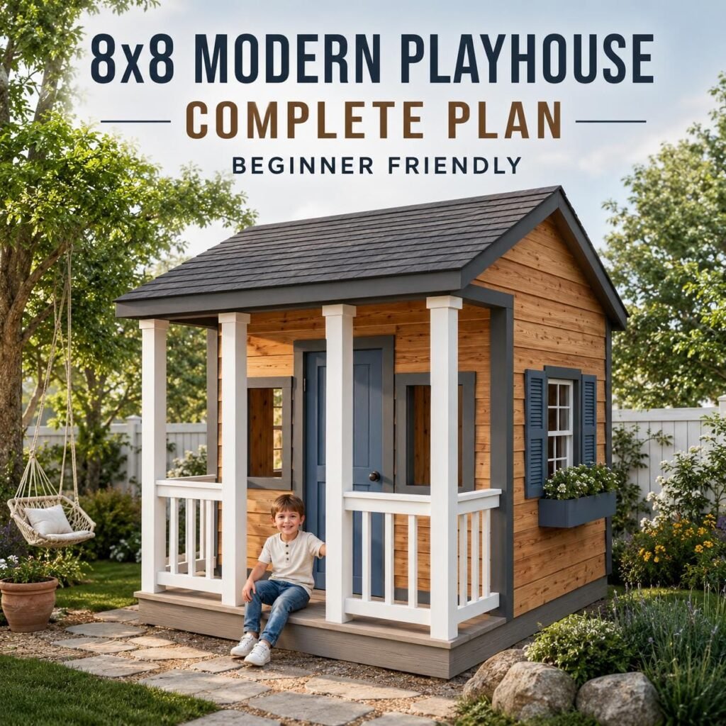 8X8 Playhouse with porch – gable roof playhouse with small deck- outdoor playground area woodworking plans