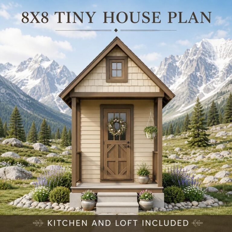 Backyard Studio Plan 8×8 with Sleeping Loft | Shed to Tiny Home Conversion Blueprint | Kitchen & Bath Layout | Digital PDF Download