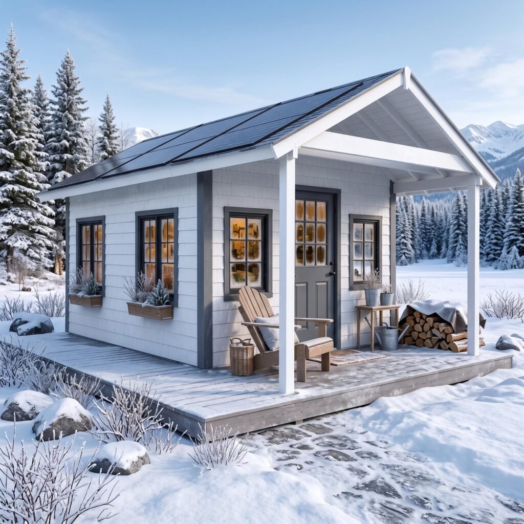12x16 off-grid cabin plan with deck, usable as a tiny house or backyard office