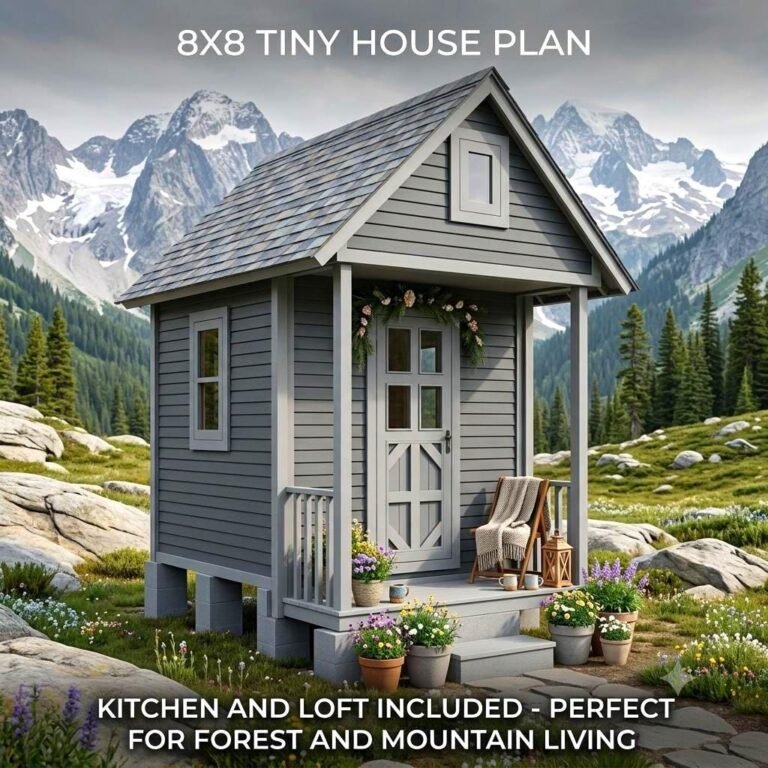 8×8 Micro Cabin Plans with Sleeping Loft | Tiny Home Blueprint Kitchen & Bath | Roll Out Bed Design | Digital Download
